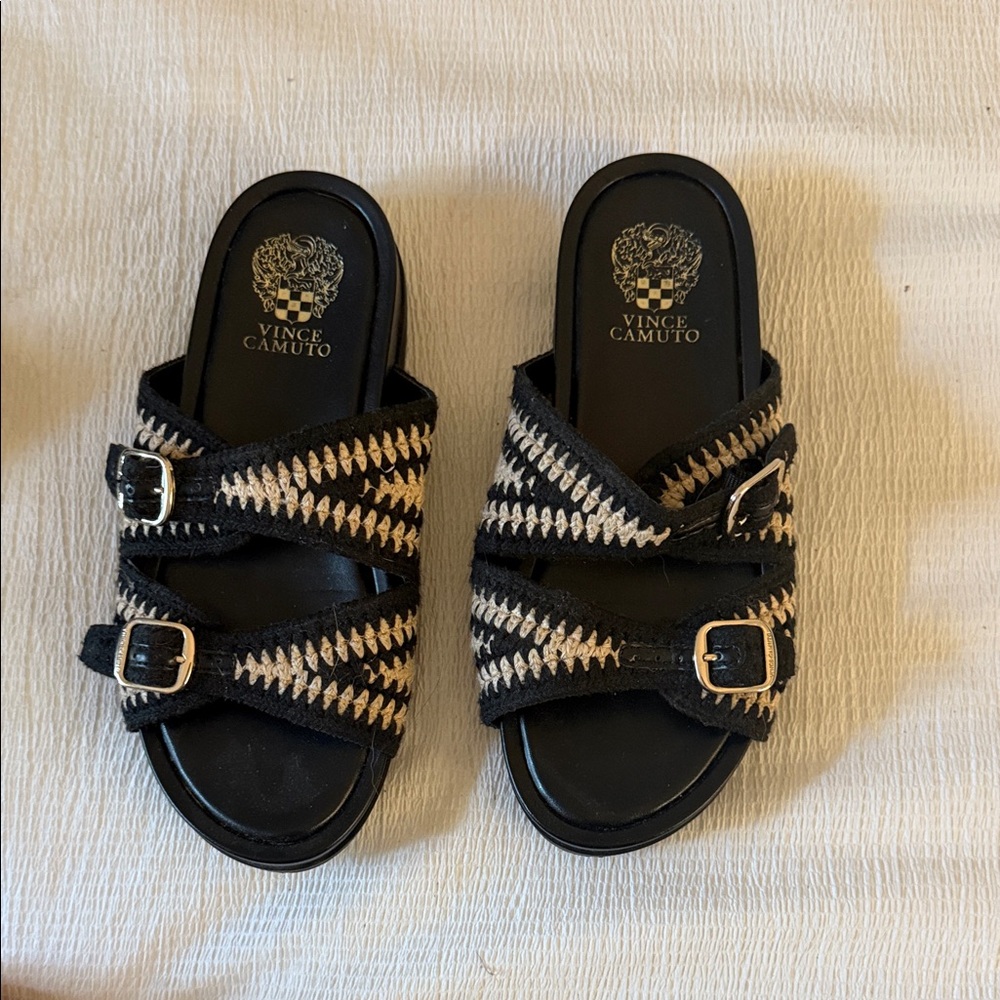 Vince Camuto Black and Tan Buckle Sandals